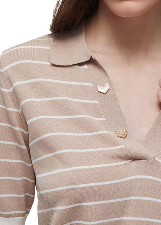 Polo Donna Liu Jo Beige a Righe con Scollo a V