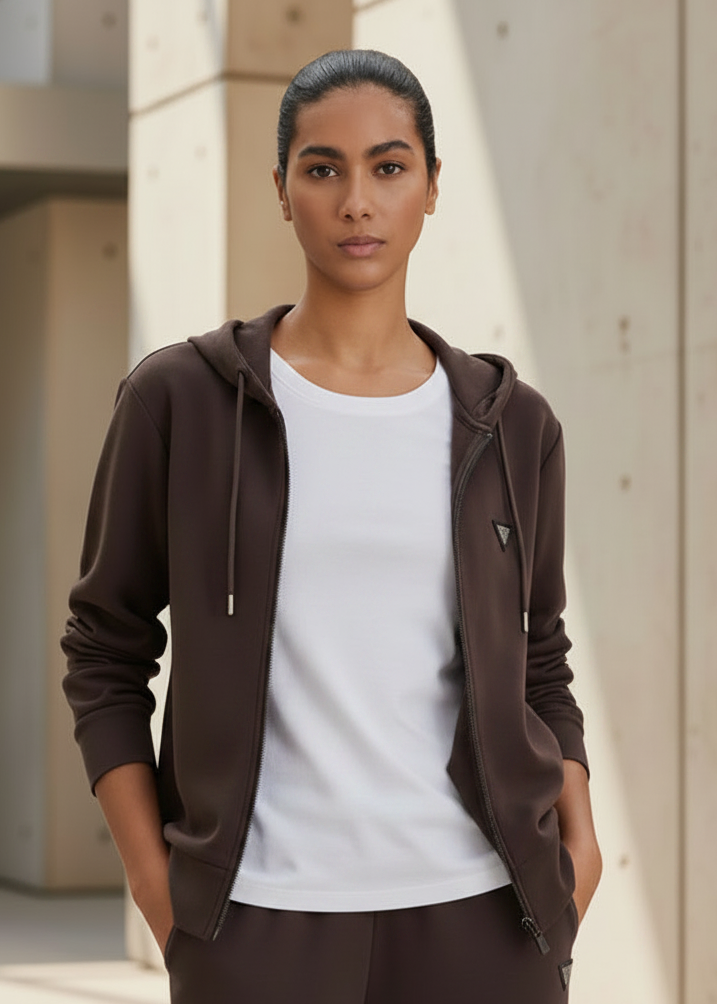 Felpa Donna Guess Active Olympe Full Zip Cappuccio Marrone
