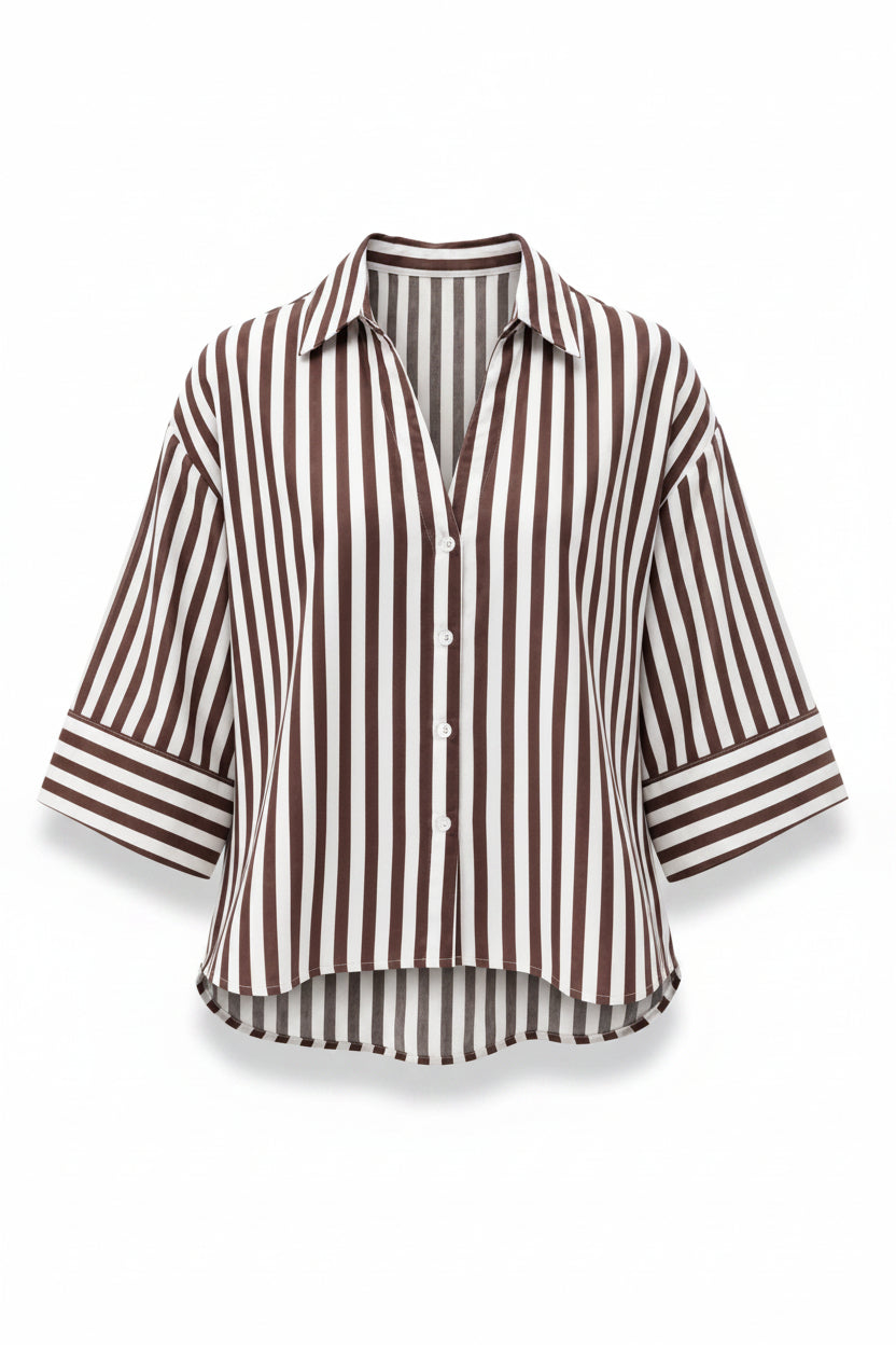 Camicia Donna Jacqueline De Yong Marrone Righe Manica 3/4