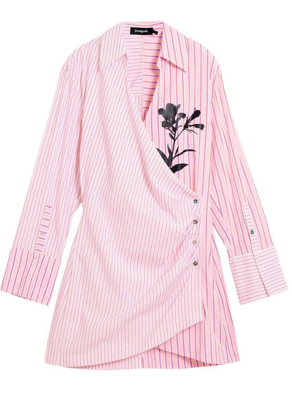 Abito Donna Desigual Rosa a Righe con Bottoni e Scollo a V
