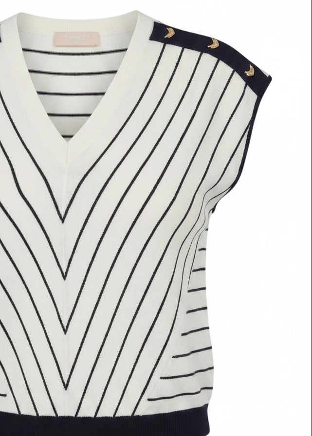 Blouse Donna Liu Jo Bianca a Righe Smanicata con Scollo a V