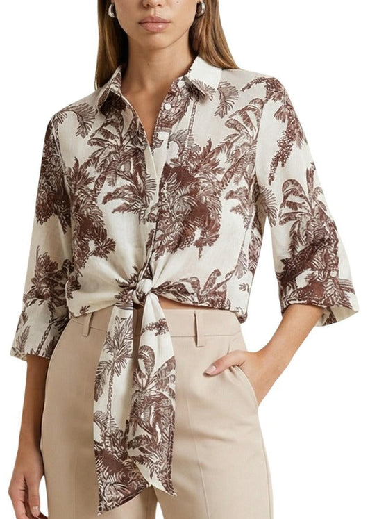Camicia Donna Artigli Beige con Stampa Maniche 3/4