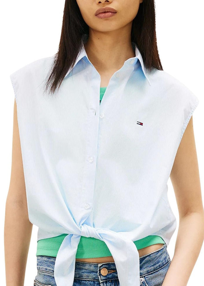 Camicia Donna Tommy Hilfiger Jeans Azzurra Smanicata in Cotone Organico