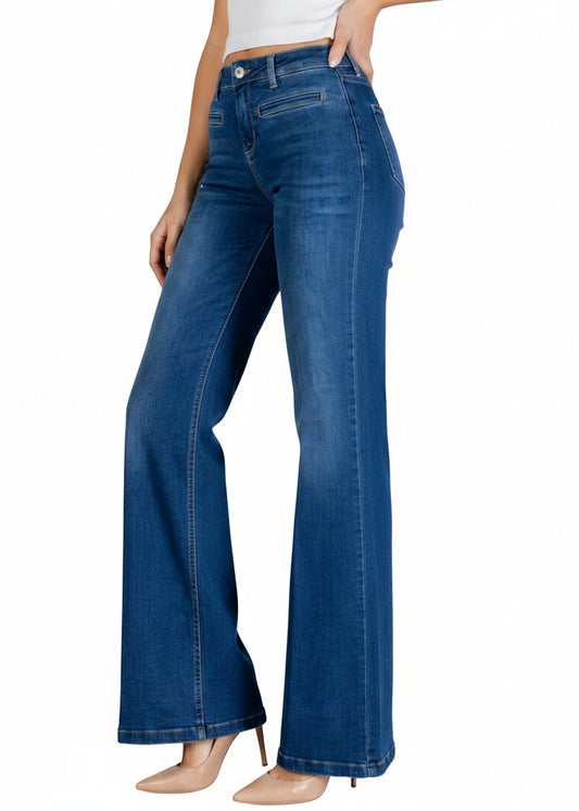 Pantaloni Donna Liu Jo Blu Flare Vita Alta con Zip e Bottone