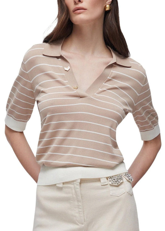 Polo Donna Liu Jo Beige a Righe con Scollo a V