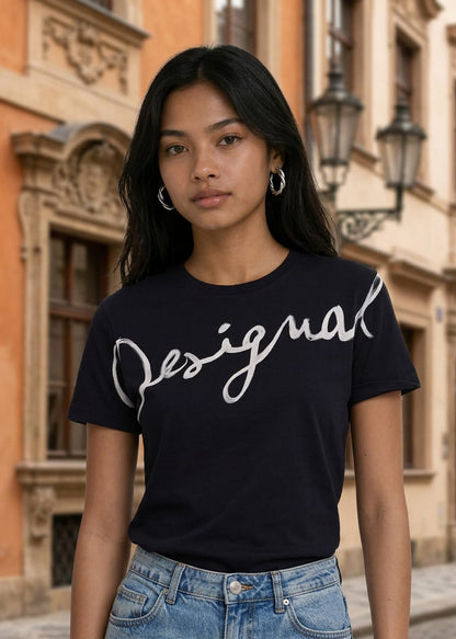 T-Shirt Donna Desigual Nera con Stampa in Cotone