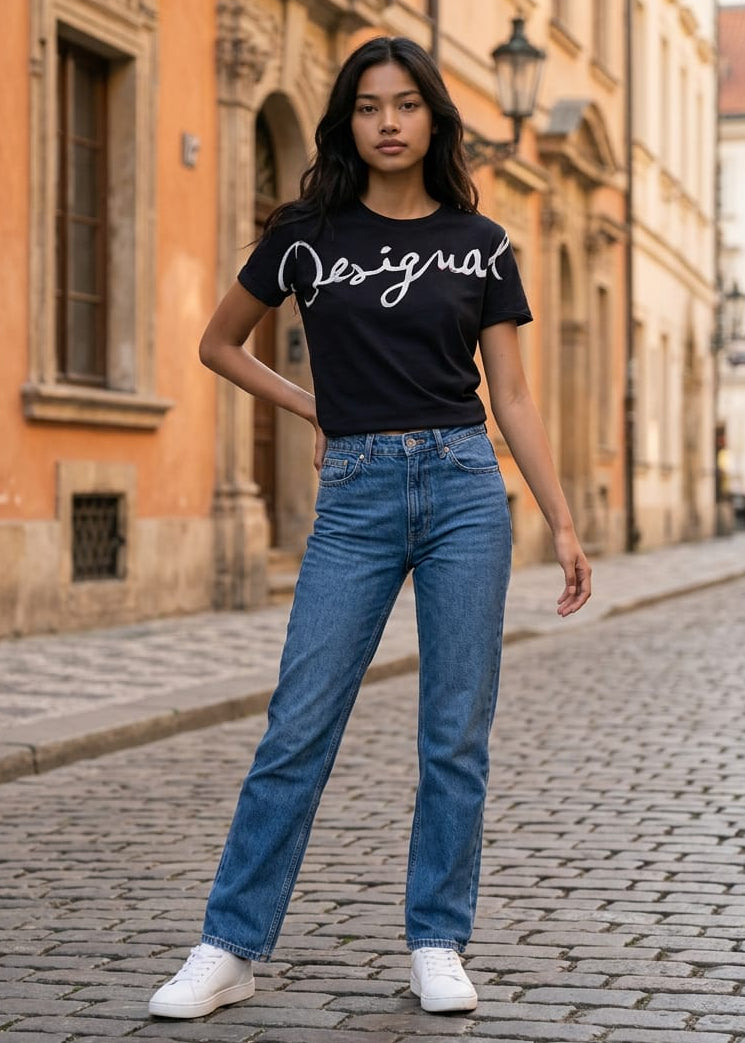T-Shirt Donna Desigual Nera con Stampa in Cotone