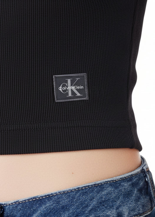 T-shirt Donna Calvin Klein Jeans Nera con Scollo a V in Cotone Elasticizzato