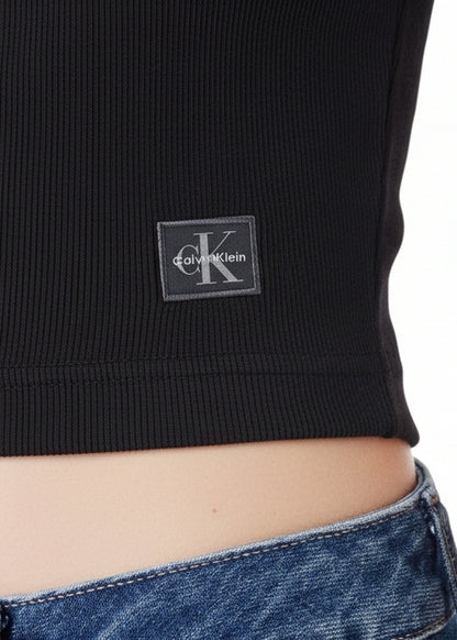 T-shirt Donna Calvin Klein Jeans Nera con Scollo a V in Cotone Elasticizzato
