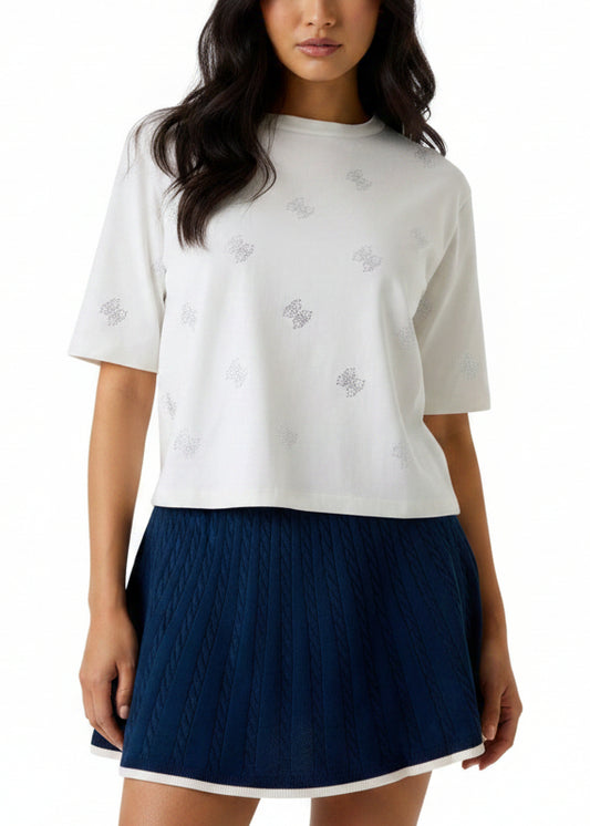 T-shirt Donna Guess Bianca con Strass in Cotone