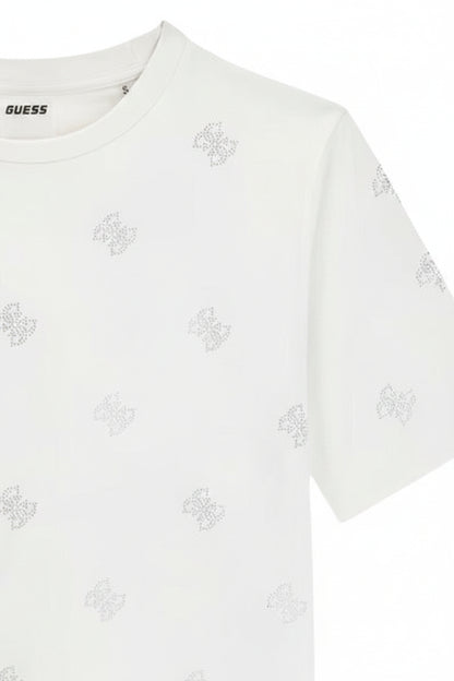 T-shirt Donna Guess Bianca con Strass in Cotone