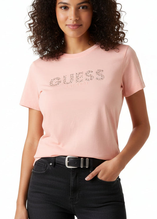 T-shirt Donna Guess Rosa con Strass – Cotone
