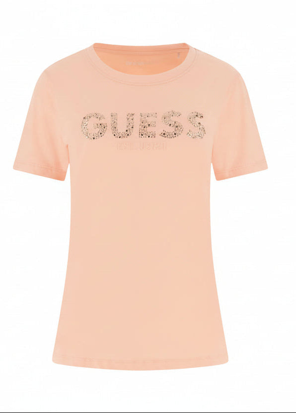 T-shirt Donna Guess Rosa con Strass – Cotone
