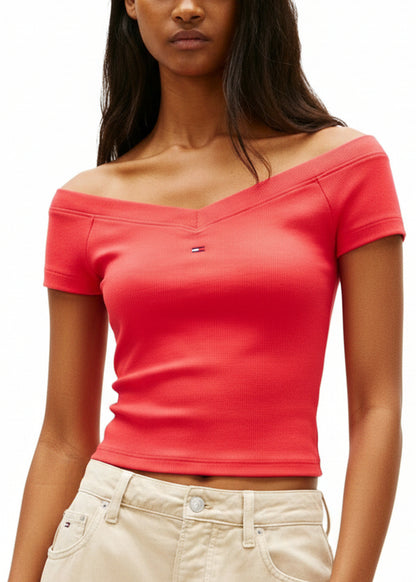 T-shirt Donna Tommy Hilfiger Jeans Rossa con Scollo a Barca