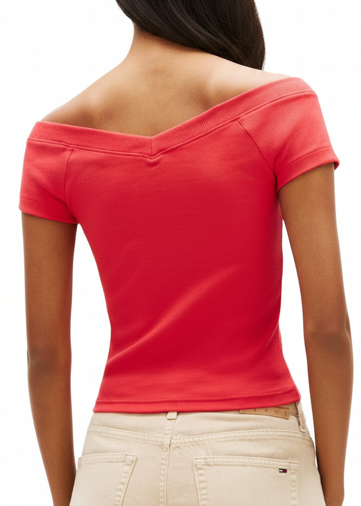 T-shirt Donna Tommy Hilfiger Jeans Rossa con Scollo a Barca