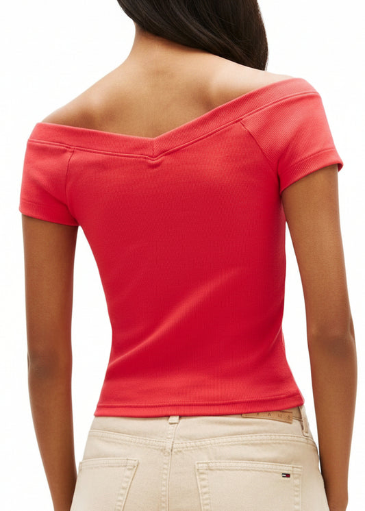 T-shirt Donna Tommy Hilfiger Jeans Rossa con Scollo a Barca