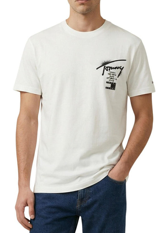 T-shirt Uomo Tommy Hilfiger Jeans Bianca con Stampa in Cotone Organico