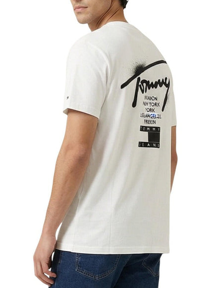 T-shirt Uomo Tommy Hilfiger Jeans Bianca con Stampa in Cotone Organico