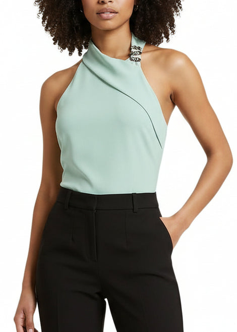 Top Donna Artigli Verde Smanicato con Scollo Alto