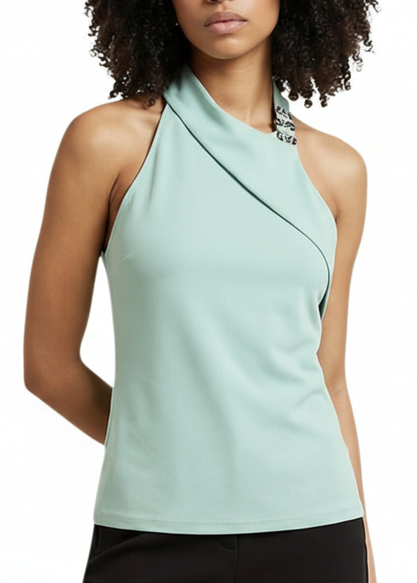 Top Donna Artigli Verde Smanicato con Scollo Alto