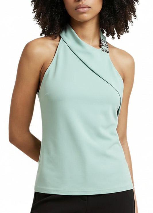 Top Donna Artigli Verde Smanicato con Scollo Alto