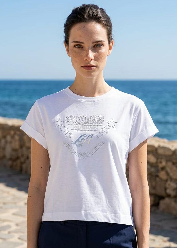 T-Shirt Donna Guess Manica Corta con Strass