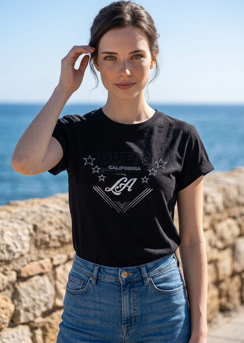 T-Shirt Donna Guess Manica Corta con Strass