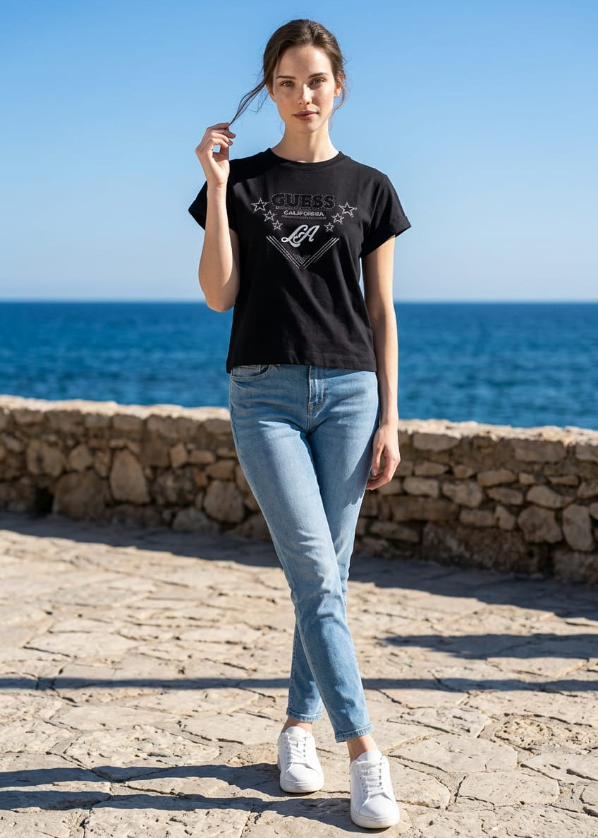 T-Shirt Donna Guess Manica Corta con Strass