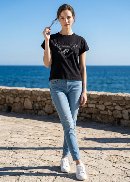 T-Shirt Donna Guess Manica Corta con Strass