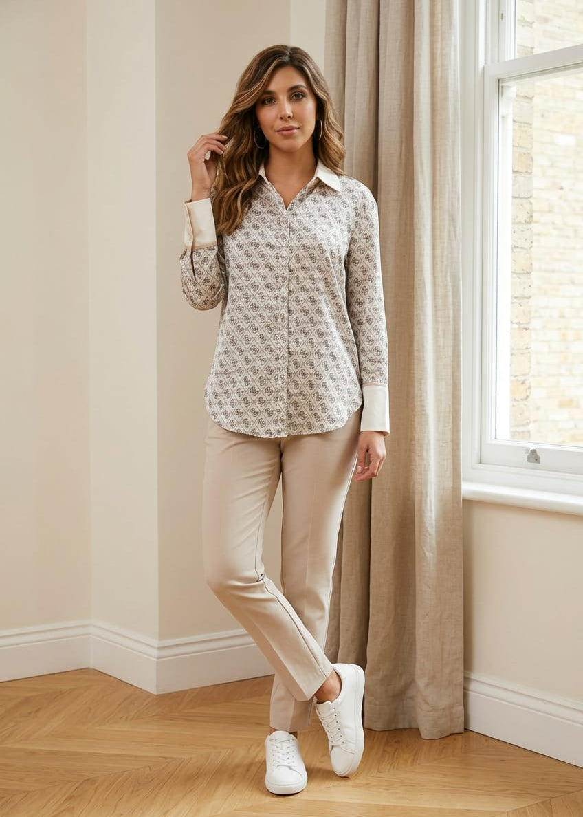 Camicia Donna Guess Beige Stampa Maniche Lunghe