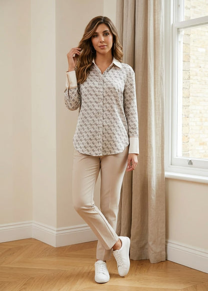 Camicia Donna Guess Beige Stampa Maniche Lunghe