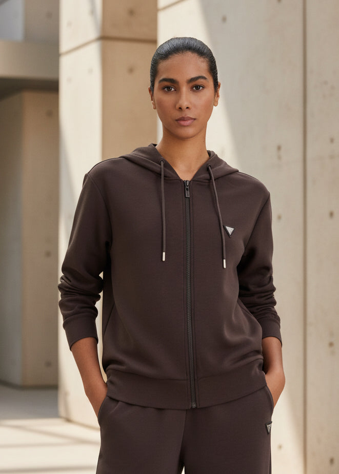 Felpa Donna Guess Active Olympe Full Zip Cappuccio Marrone