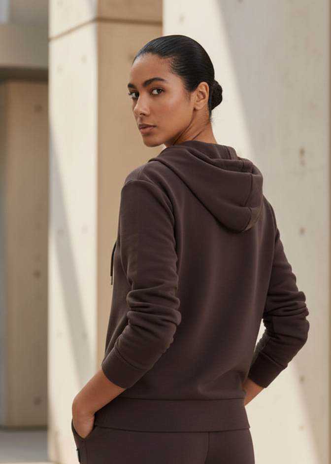 Felpa Donna Guess Active Olympe Full Zip Cappuccio Marrone