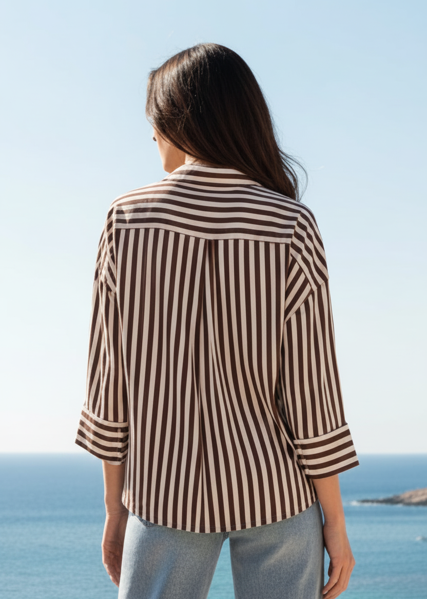 Camicia Donna Jacqueline De Yong Marrone Righe Manica 3/4