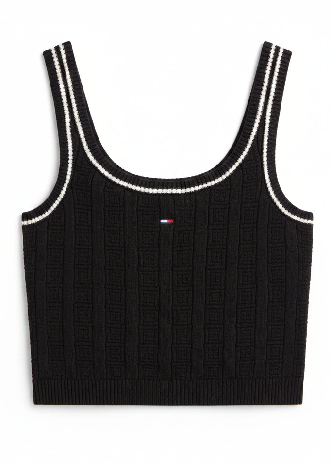 Top Donna Tommy Hilfiger Jeans Nero Spalline Scollo Tondo