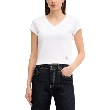 T-shirt Donna Calvin Klein Jeans Nera con Scollo a V in Cotone Elasticizzato